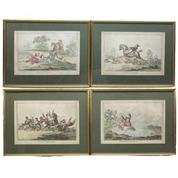 After James Gillray (British 1756-1815): 'Hounds Finding' 'Hounds in Full Cry' 'Hounds Throwing-Off' and 'Coming in at the Death', set four engravings with hand colouring pub. Hannah Humphrey 1800, 23cm x 35cm (4)