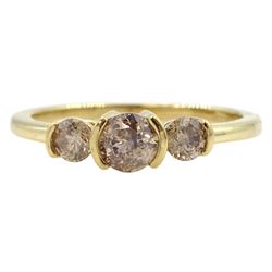 9ct gold three stone champagne colour diamond ring, hallmarked, total diamond weight approx 0.50 carat
