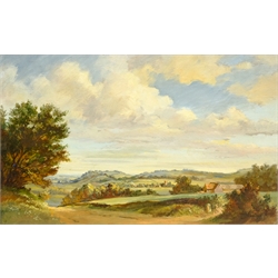 Louis Jennings (British 1919-2018): 'Chipping Campden from the road to Broadway', oil on canvas signed, titled signed and dated 1977 verso with artist's address label 25cm x 40cm