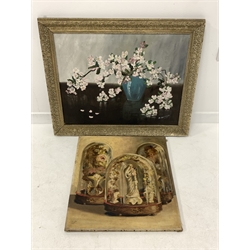 S Atkinson, still life oil on canvas of a vase of flowering prunus,  60cm x 75cm and an unframed oil on canvas of figures and flowers under glass domes, 65cm x 57cm