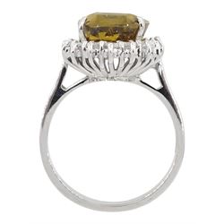 18ct white gold oval  yellow/brown zircon and round brilliant cut diamond cluster ring, hallmarked, zircon approx 6.00 carat