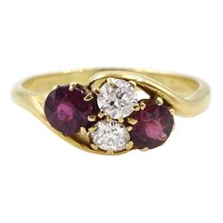 14ct gold two stone old cut diamond and two stone ruby cluster ring, total diamond weight approx 0.30 carat
