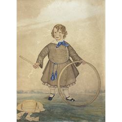William Gosse (British Early 19th century): Boy Playing with Hoop, watercolour signed, housed in birds eye maple frame 26cm x 18cm