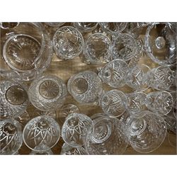 Collection of cut glass including tumblers, sherry glasses, sundae dishes etc, silver plated epergne, silver-plated candlesticks, Aynsley Cottage Garden and other decorative ceramics, glass and plate in three boxes