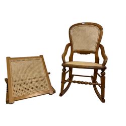  Victorian beech and canework rocking chair (W50cm D65cm H86cm); and an adjustable back-rest with canework panel (W52cm H60cm)