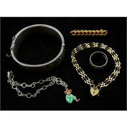 Victorian 9ct gold curb brooch, each link stamped 9c, silver bangle, ring and bracelet with silver enamel elf charm and a 9ct gold gate bracelet