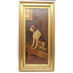 English School (19th/20th century): Pointer in a Stable, oil on canvas possible traces of signature 91cm x 37cm