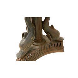Mid-20th century classical revival cast iron birdbath, the moulded top with scalloped bowl, the central fluted column surrounded by three dolphins on a concave triangular base with pierced detail