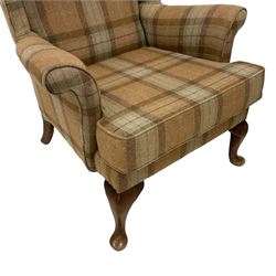 Parker Knoll - pair of Georgian design hardwood framed wingback armchairs, upholstered in beige ground tartan fabric, raised on cabriole supports