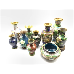 Ten Chinese Cloisonne vases, mostly 20th century, three including stands, H23cm max 