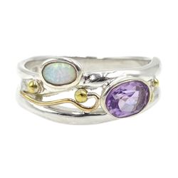 Silver and 14ct gold wire oval amethyst and opal ring, stamped 925