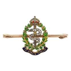 Royal Army Medical Corps gold brooch, enamelled motto 'In Arduis Fidelis', wreath and crown, the serpent set with diamonds and emerald eyes, retailed by The Goldsmiths & Silversmiths Company Ltd, London, in original fitted case