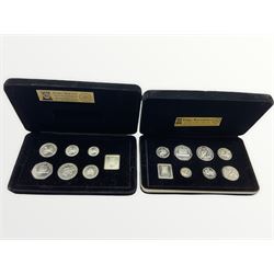 Isle of Man sterling silver 1978 coin set commemorating The 25th Anniversary of the Coronation of Her Majesty Queen Elizabeth II and a 1980 sterling silver coin set, both produced by Pobjoy Mint Ltd, both cased with certificates (2)