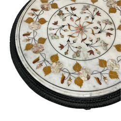 Pietra Dura design inlaid marble and cast metal side table, circular marble top with trailing floral inlays in stone and mother of pearl, on cast metal base with bead and foliate moulded rim, three curved supports in the form of scrolled foliage, on a concaved triangular base with acanthus leaf moulded feet