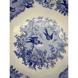 19th century Blue Italian pattern meat plate, L53cm, Wedgwood blue transfer shaped pedestal bowl, decorated with exotic birds, D28cm and a Haviland Limoges serving plate (3)