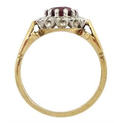 9ct gold garnet and diamond chip cluster ring, hallmarked