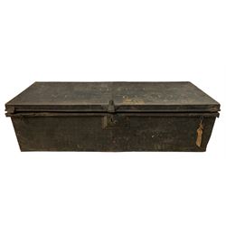 WW2 black painted military chest belonging to Capt. T.R. Trappes Lomax, (Trappes-Lomax, Thomas Byrnand), Scots Guards, L107cm, containing a set of eight coloured enamel hot water cans 
