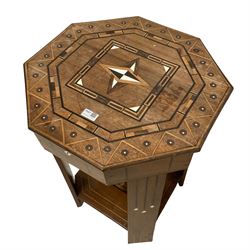 Early 20th century inlaid hardwood sewing table, octagonal form with hinged lid enclosing divisions, inlaid with geometric decorated and simulated ivory, on rectangular supports united by undertier 

This item has been registered for sale under Section 10 of the APHA Ivory Act