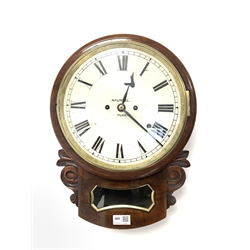 Mid 19th century mahogany drop dial wall clock, white enamel dial with Roman chapter ring inscribed 'Arundel, York', the twin fusee movement striking hammer on bell, 