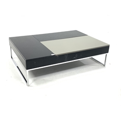 BoConcept Chiva functional coffee table, ebonised and glazed top hinged to reveal compartmental storage wells, raised on chrome supports