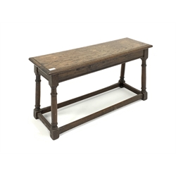 18th century style long joint stool, moulded top raised on ring turned and block supports