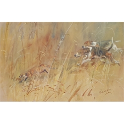Michael Lyne (British 1912-1989): 'Close Quarters: Fox and Hounds', watercolour and gouache signed, titled verso on gallery label 21cm x 33cm 
Provenance: with the Heale Gallery Somerset, label verso 

DDS - Artist's resale rights may apply to this lot