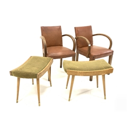 Pair of French 1930s Art Deco open armchairs, with bentwood arm rests, faux leather upholstered seat and back panels, raised on square tapered supports, (W55cm) together with a pair of upholstered footstools, raised on turned tapered supports, (W61cm)