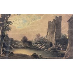 English School (18th/19th century): Castle Ruin Beside Lake, watercolour unsigned 15cm x 24cm