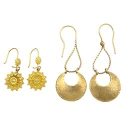 Pair of 9ct gold Grecian style crescent pendant earrings and a pair of 9ct gold Etruscan style circular pendant earrings, London 1978