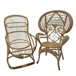 Vintage mid century bamboo open armchair (W60cm) together with a Vintage wicker and cane peacock chair (W77cm)