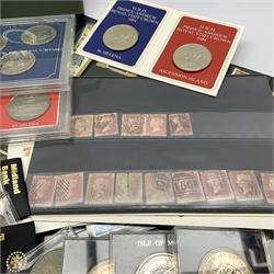  Commemorative crowns in plastic holders, quantity of King George VI post 1946 base metal shillings, four Queen Elizabeth II five pound coins, various stamps including small number of Queen Victoria perf penny red stamps etc  