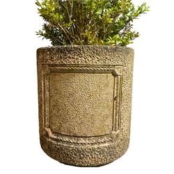 Pair of cast stone cylindrical planters, with ribbon-twist decoration