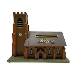 Edwardian letter box inset into a wooden model of a church with clock tower H34cm x W41cm