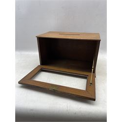 Victorian oak letter box, the lid with central slot and hinged front, lacking glass panel, L42cm, H25cm, D22cm