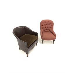 20th century tub shaped armchair, upholstered in studded brown faux leather, (W59cm) together with a walnut framed Victorian salon chair, upholstered in buttoned red fabric, raised on turned supports and ceramic castors, (W58cm)