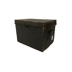 Early 20th century black painted trunk, rectangular hinged lid with studwork