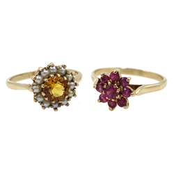 Gold citrine and seed pearl cluster ring and a gold ruby cluster ring, both hallmarked 9ct