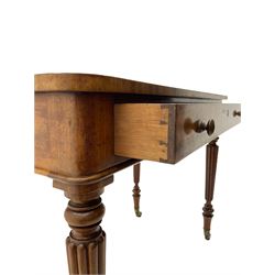 Gillows of Lancaster - George III mahogany chamber writing table, the rectangular top fitted with tooled leather inset and hinged pen and ink compartment, single drawer to frieze, on turned and lobe carved supports terminating at “Cope and Collinson” brass cups and castors, the drawer stamped 