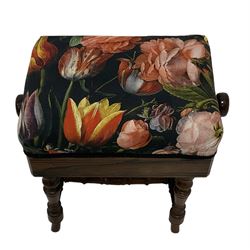 Late 19th century rosewood adjustable dressing stool, seat upholstered in tulip patterned fabric, raised on turned supports united by H-stretcher