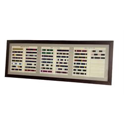 Oxford College and club colours mounted as medal bars and titled, framed as one 91cm x 32cm overall 