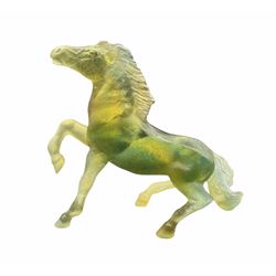 Daum Pate de Verre model of a prancing horse in tonal green and amber,  signed Daum France, L18cm x H16cm 