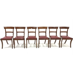 Set six late 19th century Regency style mahogany rail back dining chairs, with upholstered drop in seat pads and sabre supports, W46cm