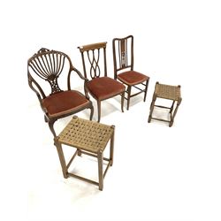 Three Edwardian side chairs, together with two stools with woven tops on oak supports 