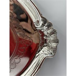 Edwardian silver oval tray with engraved decoration, shell handles within a raised border W46cm Sheffield 1901 Maker Walker & Hall 38oz