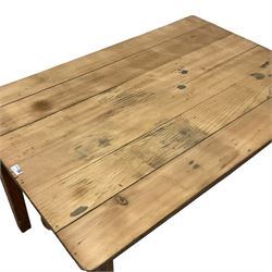 Stripped pine kitchen table, rectangular plank top, fitted with faux drawer, raised on square tapering supports