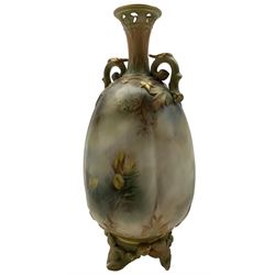 Hadley's Worcester twin handled vase, of lobed form with pierced flared rim, the body painted with two Peacocks perched on a branch, numbered 264/ 50.54, H22.5cm 