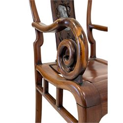 Chinese hardwood open armchair, the shaped cresting rail over shaped splat carved with foliate and birds and inset with white and black veined marble panel, scrolling arm terminals and curved panelled seats, the supports joined by a series of vertical stretchers