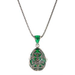 Silver plique-a-jour and marcasite locket pendant necklace, stamped 925
