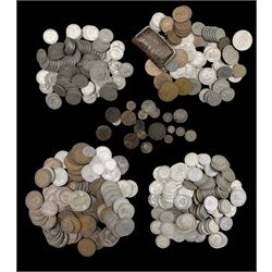 Approximately 900 grams of pre 1947 silver coins and various pre-decimal base metal coins including Queen Victoria and later pennies etc, George II 1752 silver one penny, United States of America 1842 dime and other coinage
