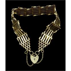9ct gold six bar gate bracelet, with heart locket clasp, hallmarked